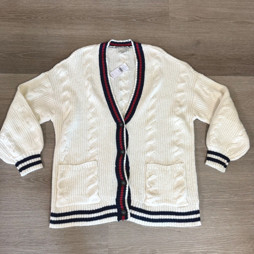 American Eagle Cardigan Women M White Cable Knit Varsity Stripe V-Neck Sweater